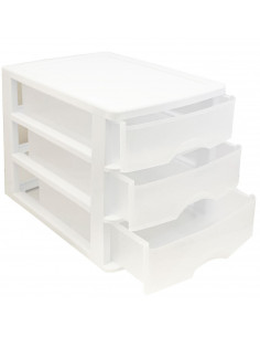 Tradineur - Cajonera de sobremesa de plástico blanco con 3 cajones transparentes, torre de almacenaje multiusos, organizador aux