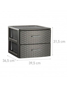 Plastic Forte - Cajonera de ordenación Rattan de plástico, 2 cajones, efecto mimbre 31,5 x 39,5 x 36,5 cm, gris antracita. Torre 2
