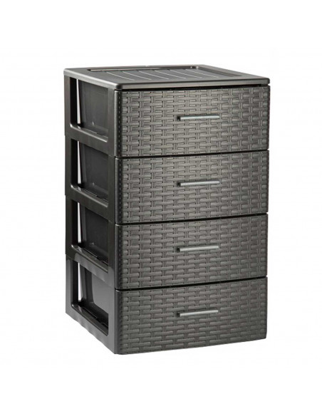 Tradineur - Cajonera de ordenación Rattan, plástico, 4 cajones, efecto mimbre, torre almacenaje, fabricada en España (Gris antra