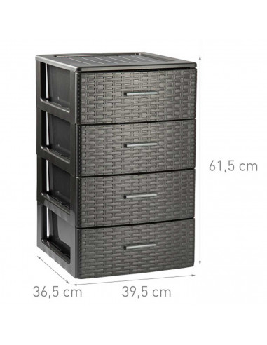 Tradineur - Cajonera de ordenación Rattan, plástico, 4 cajones, efecto mimbre, torre almacenaje, fabricada en España (Gris antra