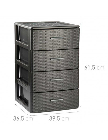 Tradineur - Cajonera de ordenación Rattan, plástico, 4 cajones, efecto mimbre, torre almacenaje, fabricada en España (Gris antra
