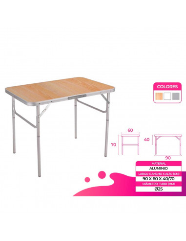 Tradineur - Mesa plegable de aluminio, sistema de fijación, incluye asa, tejido resistente. Color Surtido. 90 x 60 x 40 cm.