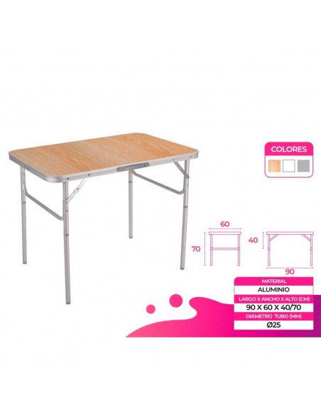 Tradineur - Mesa plegable de aluminio, sistema de fijación, incluye asa, tejido resistente. Color Surtido. 90 x 60 x 40 cm.