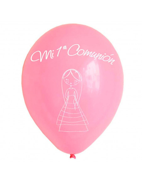 Tradineur - Set de 12 globos de Primera Comunión, látex de caucho natural, decoración en fiestas, celebraciones, hogar (Rosa, Ni