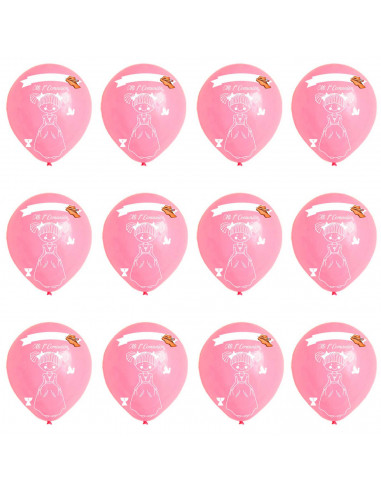 Tradineur - Set de 12 globos de Primera Comunión, látex de caucho natural, decoración en fiestas, celebraciones, hogar (Rosa, Ni