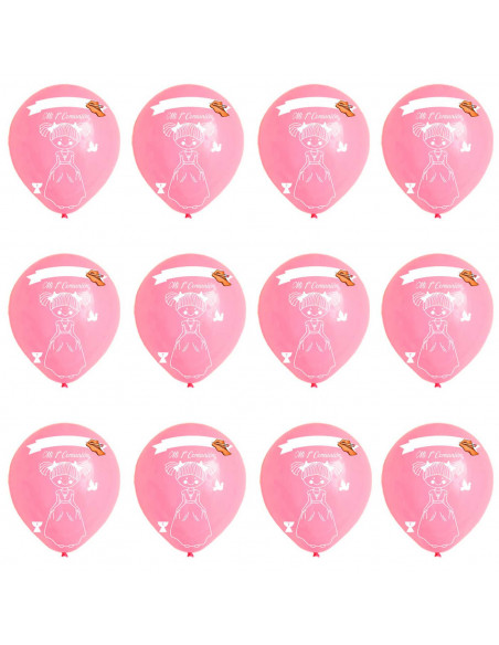 Tradineur - Set de 12 globos de Primera Comunión, látex de caucho natural, decoración en fiestas, celebraciones, hogar (Rosa, Ni