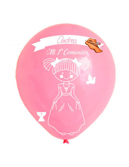 Tradineur - Set de 12 globos de Primera Comunión, látex de caucho natural, decoración en fiestas, celebraciones, hogar (Rosa, Ni