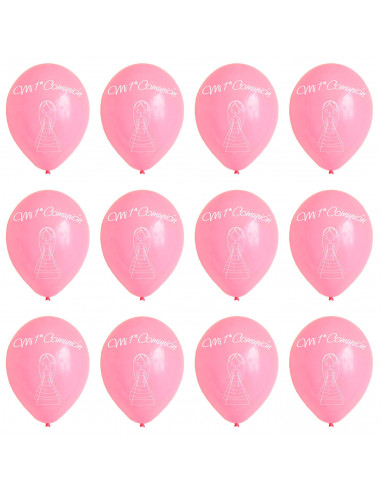 Tradineur - Set de 12 globos de Primera Comunión, látex de caucho natural, decoración en fiestas, celebraciones, hogar (Rosa, Ni