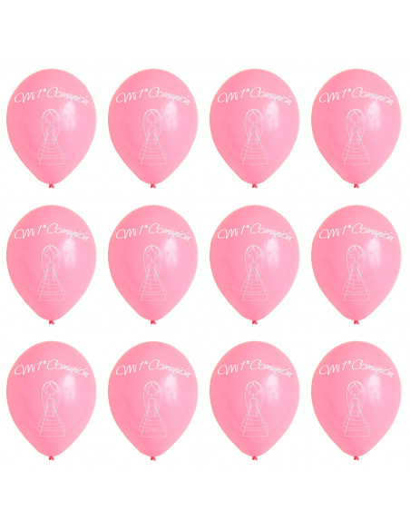 Tradineur - Set de 12 globos de Primera Comunión, látex de caucho natural, decoración en fiestas, celebraciones, hogar (Rosa, Ni