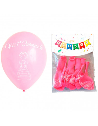 Tradineur - Set de 12 globos de Primera Comunión, látex de caucho natural, decoración en fiestas, celebraciones, hogar (Rosa, Ni