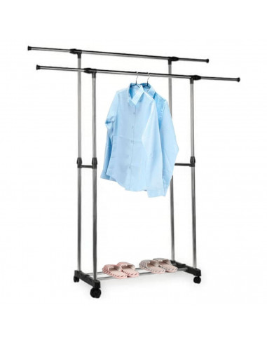 Tradineur - Perchero burro doble extensible con ruedas, acero y plástico, altura y anchura regulables, fácil montaje, 80-150 x 4