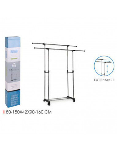 Tradineur - Perchero burro doble extensible con ruedas, acero y plástico, altura y anchura regulables, fácil montaje, 80-150 x 4