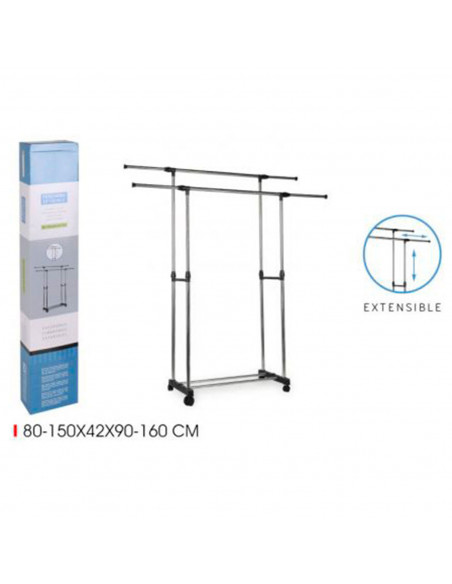 Tradineur - Perchero burro doble extensible con ruedas, acero y plástico, altura y anchura regulables, fácil montaje, 80-150 x 4