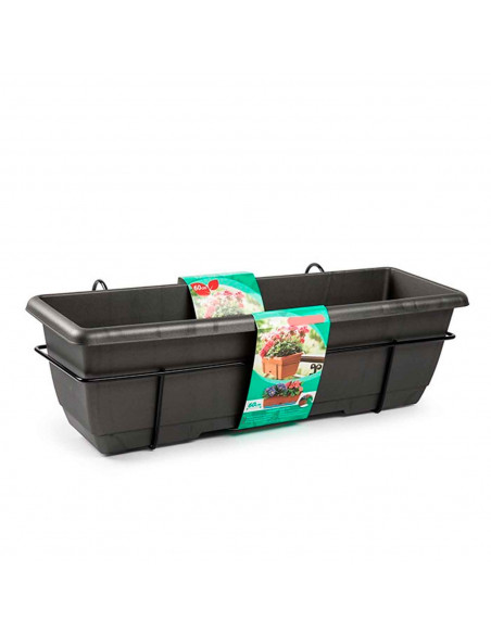 Tradineur - Jardinera para Balcón con Plato y Soporte Metálico, 60 x 28 x 19,5 cm color antracita