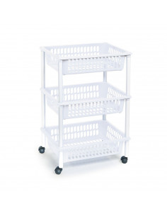 Tradineur - Carro verdulero blanco modelo PLFT con ruedas 3 cestas 40 x 30 x 61,5 cm . Carrito portaobjetos estantes multiusos p
