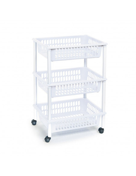 Tradineur - Carro verdulero blanco modelo PLFT con ruedas 3 cestas 40 x 30 x 61,5 cm . Carrito portaobjetos estantes multiusos p