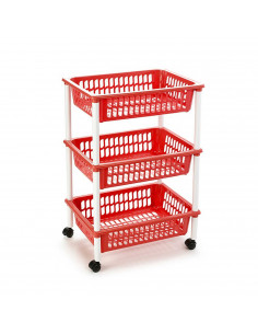 Tradineur - Carro verdulero rojo modelo PLFT con ruedas 3 cestas 40 x 30 x 61,5 cm . Carrito portaobjetos estantes multiusos par