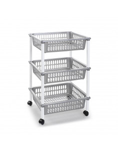 Tradineur - Carro verdulero gris plata modelo PLFT con ruedas 3 cestas 40 x 30 x 61,5 cm. Carrito portaobjetos estantes multiuso