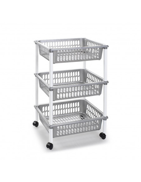 Tradineur - Carro verdulero gris plata modelo PLFT con ruedas 3 cestas 40 x 30 x 61,5 cm. Carrito portaobjetos estantes multiuso