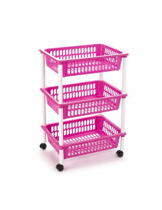 Tradineur - Carro verdulero rosa modelo PLFT con ruedas 3 cestas 40 x 30 x 61,5 cm. Carrito portaobjetos estantes multiusos para