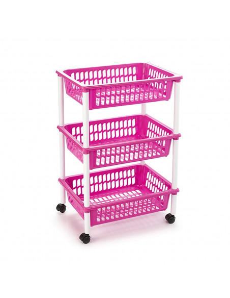 Tradineur - Carro verdulero rosa modelo PLFT con ruedas 3 cestas 40 x 30 x 61,5 cm. Carrito portaobjetos estantes multiusos para