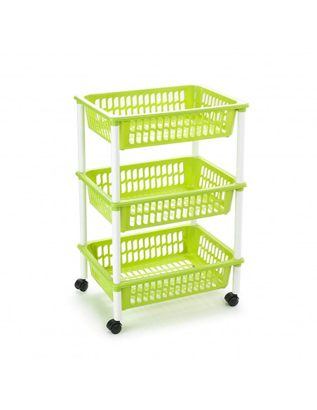Tradineur -  Carro verdulero verde pistacho modelo PLFT 3 cestas y ruedas 40 x 30 x 61,5 cm . Carrito portaobjetos estantes mult