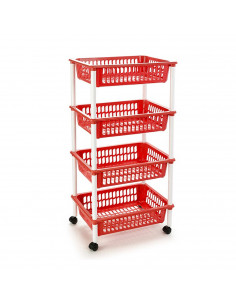 Tradineur -  Carro verdulero rojo modelo PLFT con ruedas 4 cestas 85 x 40 x 30 cm . Carrito portaobjetos estantes multiusos para