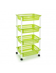 Tradineur -  Carro verdulero verde pistacho modelo PLFT con ruedas 4 cestas 85 x 40 x 30 cm . Carrito portaobjetos estantes mult