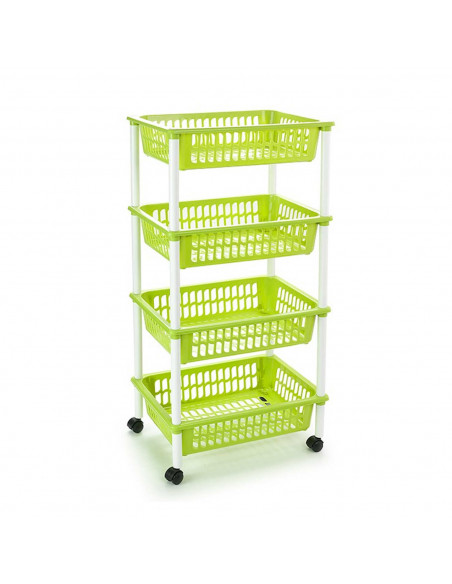 Tradineur -  Carro verdulero verde pistacho modelo PLFT con ruedas 4 cestas 85 x 40 x 30 cm . Carrito portaobjetos estantes mult