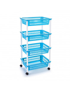 Tradineur -  Carro verdulero azul claro modelo PLFT con ruedas 4 cestas 85 x 40 x 30 cm . Carrito portaobjetos estantes multiuso
