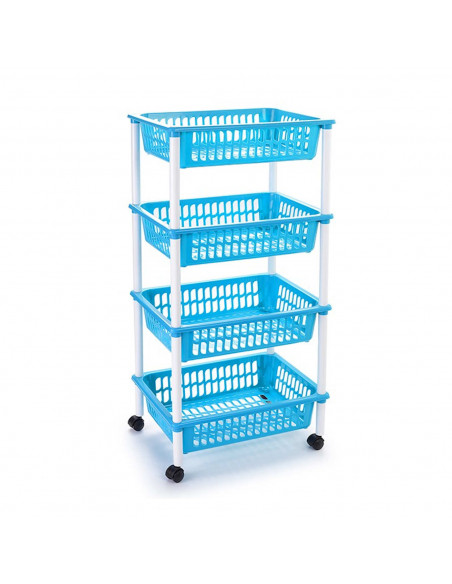 Tradineur -  Carro verdulero azul claro modelo PLFT con ruedas 4 cestas 85 x 40 x 30 cm . Carrito portaobjetos estantes multiuso