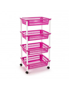 Tradineur -  Carro verdulero rosa modelo PLFT con ruedas 4 cestas 85 x 40 x 30 cm . Carrito portaobjetos estantes multiusos para