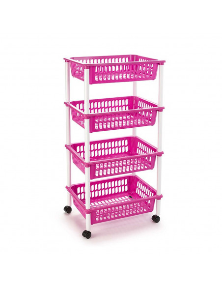 Tradineur -  Carro verdulero rosa modelo PLFT con ruedas 4 cestas 85 x 40 x 30 cm . Carrito portaobjetos estantes multiusos para