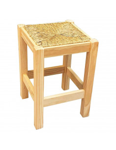 Tradineur - Taburete cuadrado de madera con asiento de rafia - banqueta con reposapiés y asiento de fibra natural para restauran
