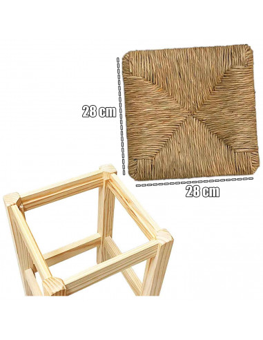 Tradineur - Taburete cuadrado de madera con asiento de rafia - banqueta con reposapiés y asiento de fibra natural para restauran