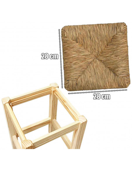 Tradineur - Taburete cuadrado de madera con asiento de rafia - banqueta con reposapiés y asiento de fibra natural para restauran