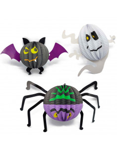 Tradineur - Pack de 3 figuras de Halloween - Fabricación en cartón - Murciélago, araña y fantasma - Ideal para la decoración en