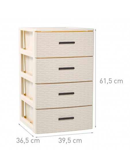 Plastic Forte - Cajonera de ordenación con 4 cajones de plástico efecto mimbre 61,5 x 39,5 x 36,5 cm. Torre de almacenaje multiu