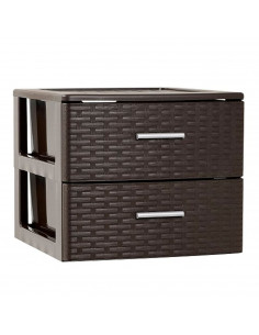 Plastic Forte - Cajonera de ordenación con 2 cajones de plástico organizador auxiliar efecto mimbre color wengue 31,5 x 39,5 x 3