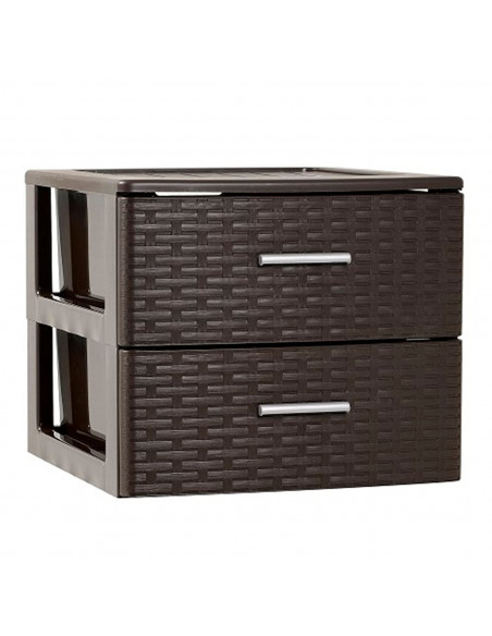 Plastic Forte - Cajonera de ordenación con 2 cajones de plástico organizador auxiliar efecto mimbre color wengue 31,5 x 39,5 x 3