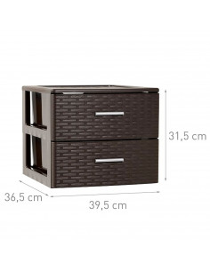 Plastic Forte - Cajonera de ordenación con 2 cajones de plástico organizador auxiliar efecto mimbre color wengue 31,5 x 39,5 x 3 2