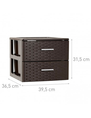 Plastic Forte - Cajonera de ordenación con 2 cajones de plástico organizador auxiliar efecto mimbre color wengue 31,5 x 39,5 x 3