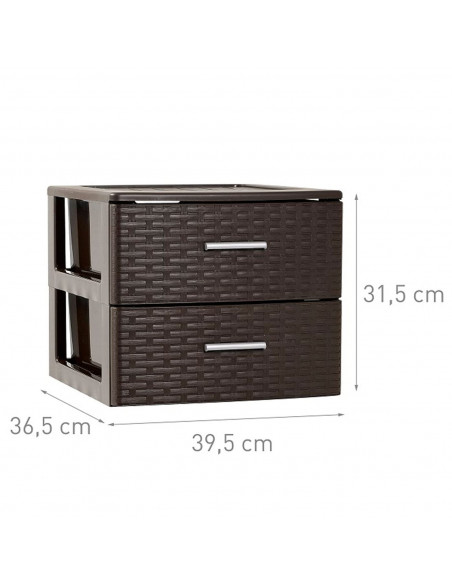 Plastic Forte - Cajonera de ordenación con 2 cajones de plástico organizador auxiliar efecto mimbre color wengue 31,5 x 39,5 x 3