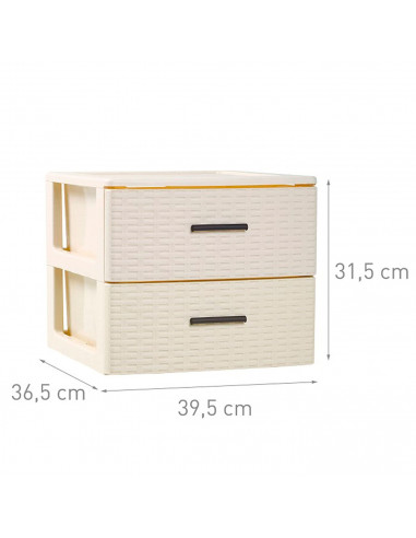 Plastic Forte - Cajonera de ordenación con 2 cajones de plástico 31,5 x 39,5 x 36,5 cm. efecto mimbre color marfil