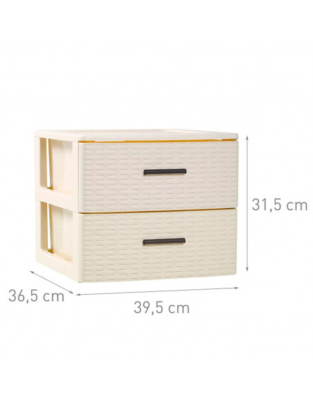 Plastic Forte - Cajonera de ordenación con 2 cajones de plástico 31,5 x 39,5 x 36,5 cm. efecto mimbre color marfil