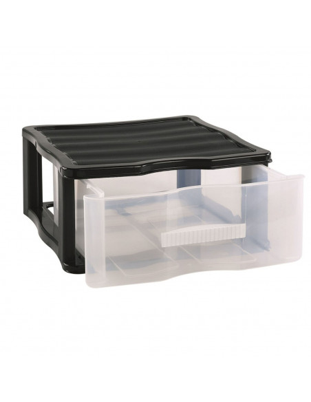 Cajonera wagon de plástico negro 1 cajón transparente 17 x 37 x 39,3 cm. Contenedor de plástico para folios especial para oficin
