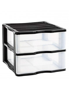 Cajonera wagon de plástico negro 2 cajones transparentes 32,5 x 36,5 x 38 cm. Contenedor de plástico para folios especial para o