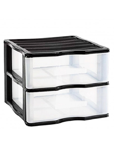 Cajonera wagon de plástico negro 2 cajones transparentes 32,5 x 36,5 x 38 cm. Contenedor de plástico para folios especial para o