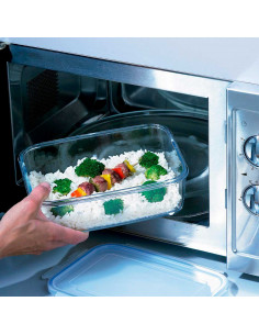 Tradineur - Fiambrera hermética de vidrio, tapa de plástico con abertura, recipiente para alimentos, apta para microondas y lava 2