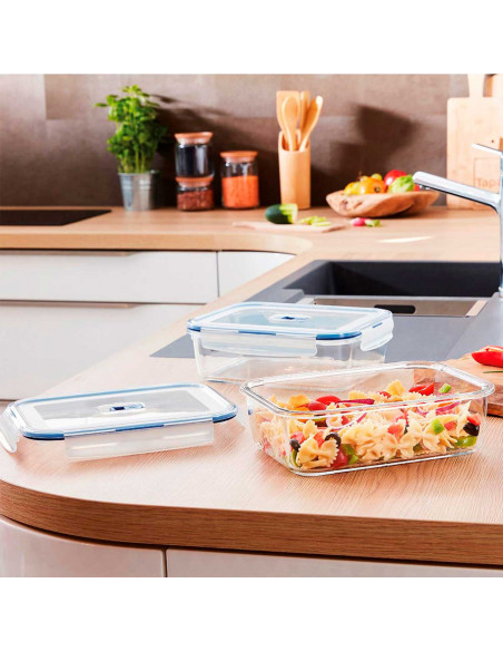 Tradineur - Fiambrera hermética de vidrio, tapa de plástico con abertura, recipiente para alimentos, apta para microondas y lava
